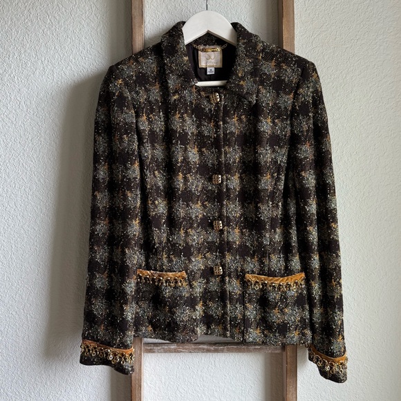 St. John Couture Elegant Tweed Brown and Gold Women's Jacket sz: 12